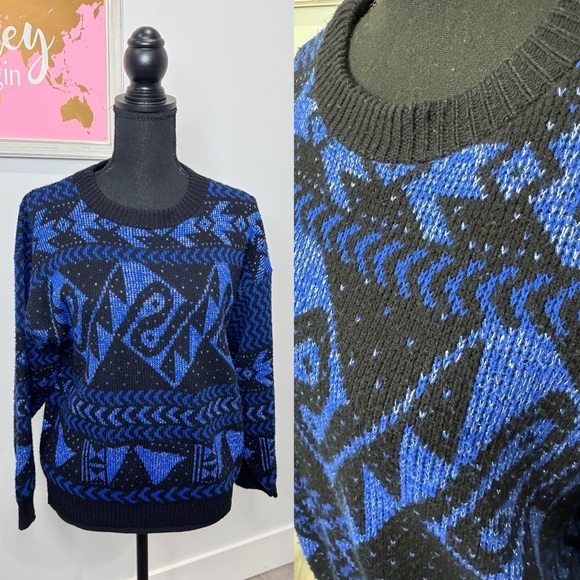 Crew Neck Black Blue Sparkle Women’s Sweater - Picture 1 of 6